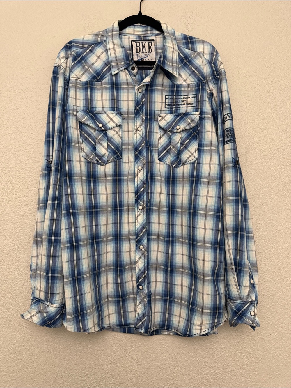 BKE Vintage XL Blue Plaid Athletic Fit Pearl Snap Western Shirt Cotton